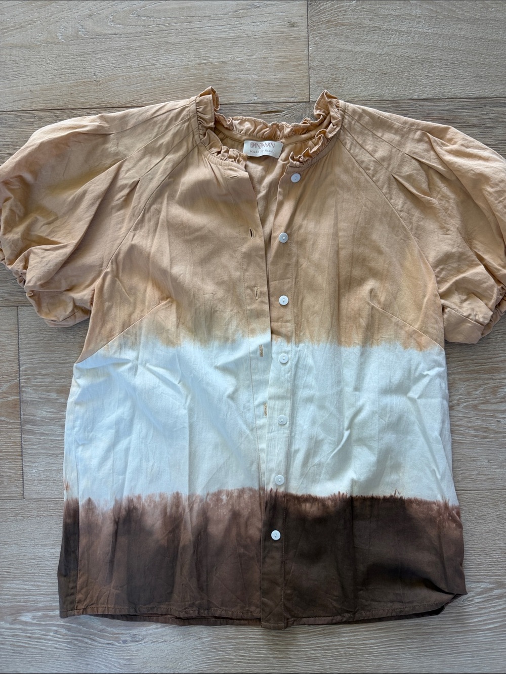 Anthropologie Tie-Dye Short Sleeve Button-Up Shirt in Tan, White & Brown